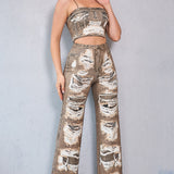 Denim Effect Crop Top & Wide Pants Set