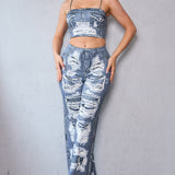 Denim Effect Crop Top & Wide Pants Set