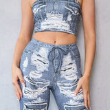 Denim Effect Crop Top & Wide Pants Set