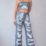 Denim Effect Crop Top & Wide Pants Set