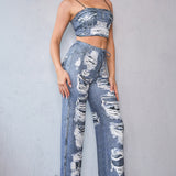 Denim Effect Crop Top & Wide Pants Set