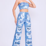 Denim Effect Crop Top & Wide Pants Set