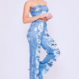Denim Effect Crop Top & Wide Pants Set