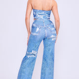 Denim Effect Crop Top & Wide Pants Set