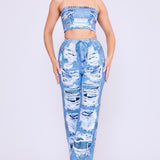 Denim Effect Crop Top & Wide Pants Set