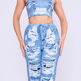 Denim Effect Crop Top & Wide Pants Set