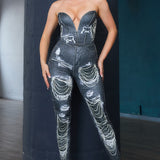 Side view of a woman wearing black deep V denim-effect bustier top and high-waisted leggings set from StyleVava, styled for a night-out look.