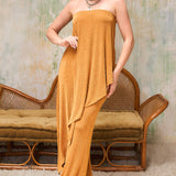 Solid Draped Strapless Jumpsuit
