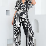 Satin Short Sleeve Wide Leg Jumpsuit