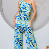 Satin Open Back One Shoulder Wide Leg Jumpsuit