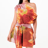 Multi-Colored Draped Asymmetrical Shoulder Romper
