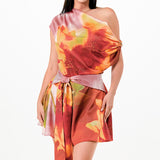 Multi-Colored Draped Asymmetrical Shoulder Romper