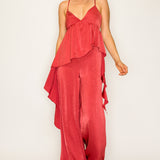 Ruffled Wide-Leg Satin Jumpsuit