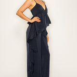 Ruffled Wide-Leg Satin Jumpsuit