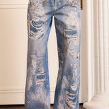 Printed Denim Effect Wide Leg Pants