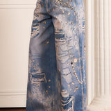 Printed Denim Effect Wide Leg Pants