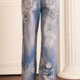 Printed Denim Effect Wide Leg Pants