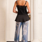 Printed Denim Effect Wide Leg Pants