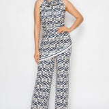 Geometric Halter Neck Printed Jumpsuit with Scarf