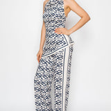 Geometric Halter Neck Printed Jumpsuit with Scarf