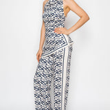 Geometric Halter Neck Printed Jumpsuit with Scarf