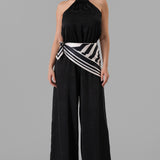 Satin Halter Neck Wide-Leg Jumpsuit with Scarf Detail