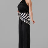 Satin Halter Neck Wide-Leg Jumpsuit with Scarf Detail