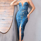 Denim Effect Bustier Top & Skirt Set