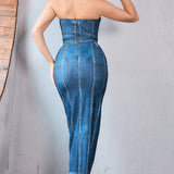 Denim Effect Bustier Top & Skirt Set