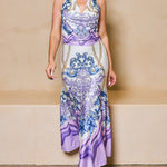 STYLEVAVA printed cowl neck top and skirt set in lavender– silky halter neck design