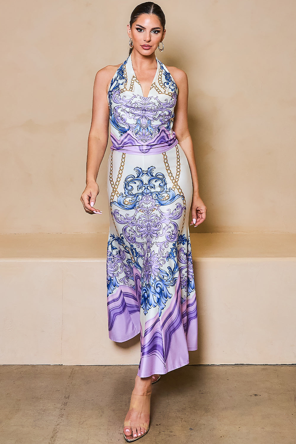 STYLEVAVA printed cowl neck top and skirt set in lavender– silky halter neck design