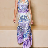 STYLEVAVA printed cowl neck top and skirt set in lavender– silky halter neck design