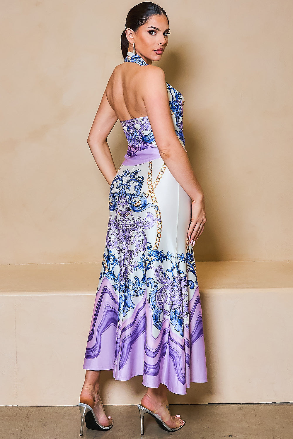 STYLEVAVA printed cowl neck top and skirt set in lavender– silky halter neck design