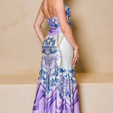 STYLEVAVA printed cowl neck top and skirt set in lavender– silky halter neck design