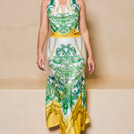 STYLEVAVA printed cowl neck top and skirt set in yellow – silky halter neck design