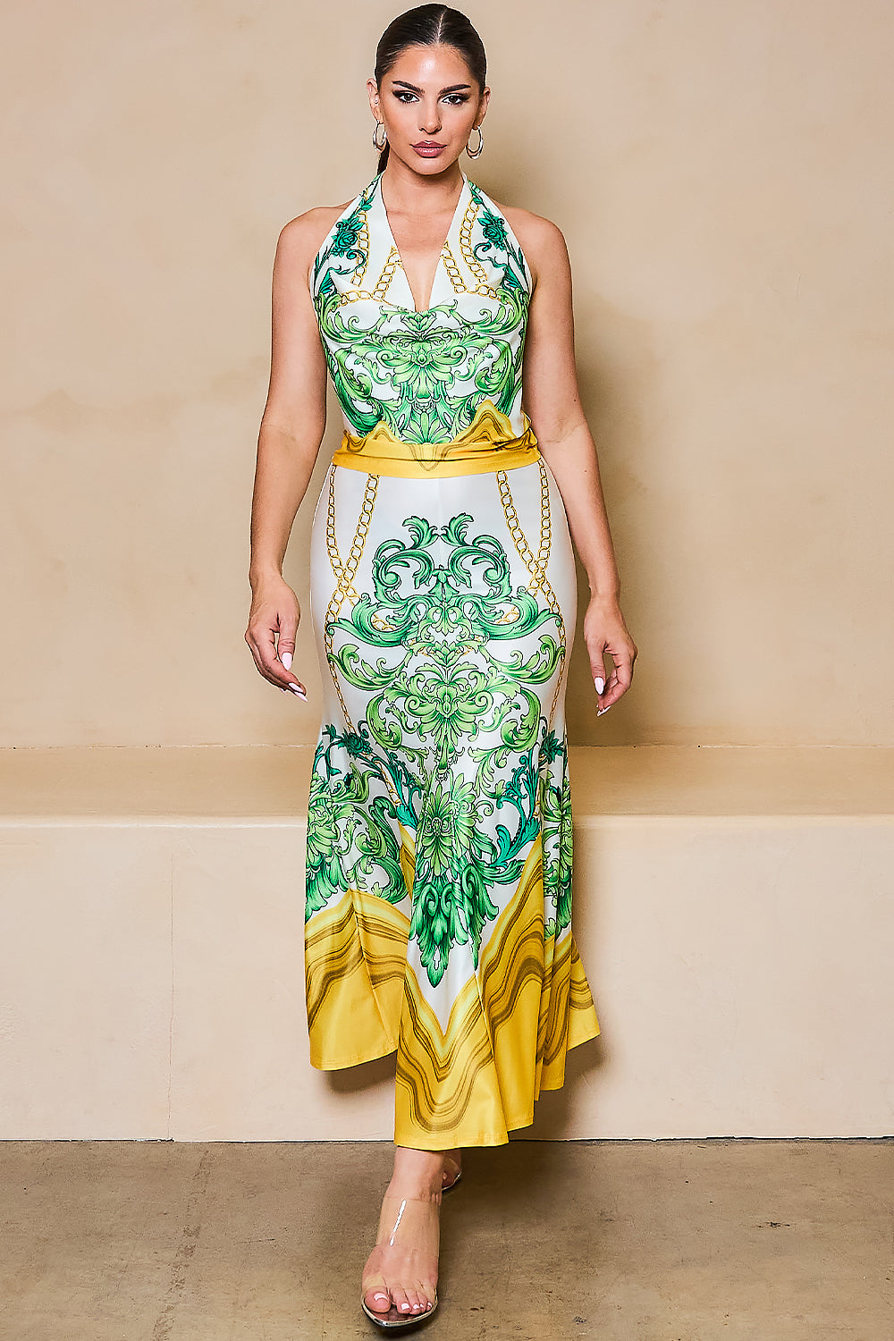 STYLEVAVA printed cowl neck top and skirt set in yellow – silky halter neck design