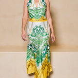 STYLEVAVA printed cowl neck top and skirt set in yellow – silky halter neck design