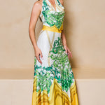 STYLEVAVA printed cowl neck top and skirt set in yellow – silky halter neck design