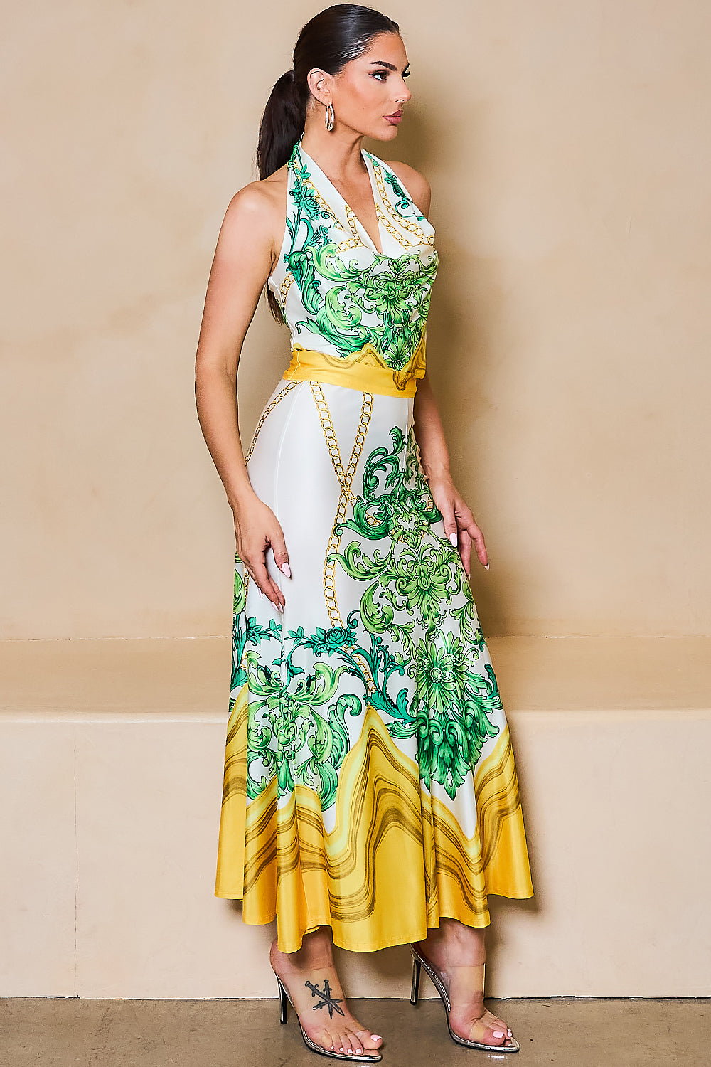 STYLEVAVA printed cowl neck top and skirt set in yellow – silky halter neck design