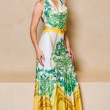 STYLEVAVA printed cowl neck top and skirt set in yellow – silky halter neck design