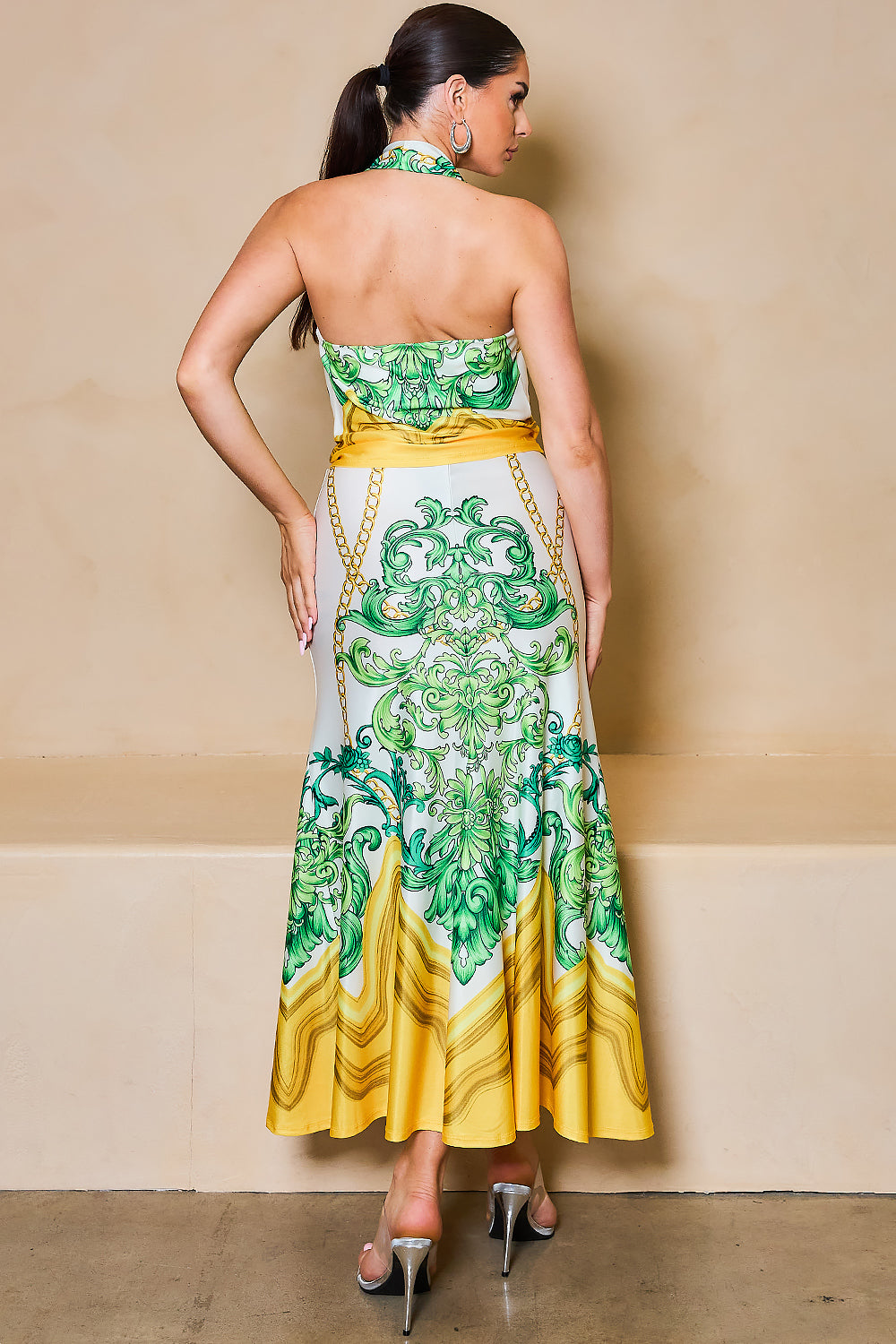 STYLEVAVA printed cowl neck top and skirt set in yellow – silky halter neck design