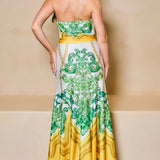 STYLEVAVA printed cowl neck top and skirt set in yellow – silky halter neck design