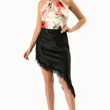 Lace Trim Asymmetrical Satin Mini Skirt