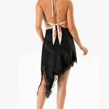 Lace Trim Asymmetrical Satin Mini Skirt