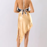 Lace Trim Asymmetrical Satin Mini Skirt