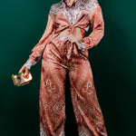 silky stain button down shirt and wide pants set