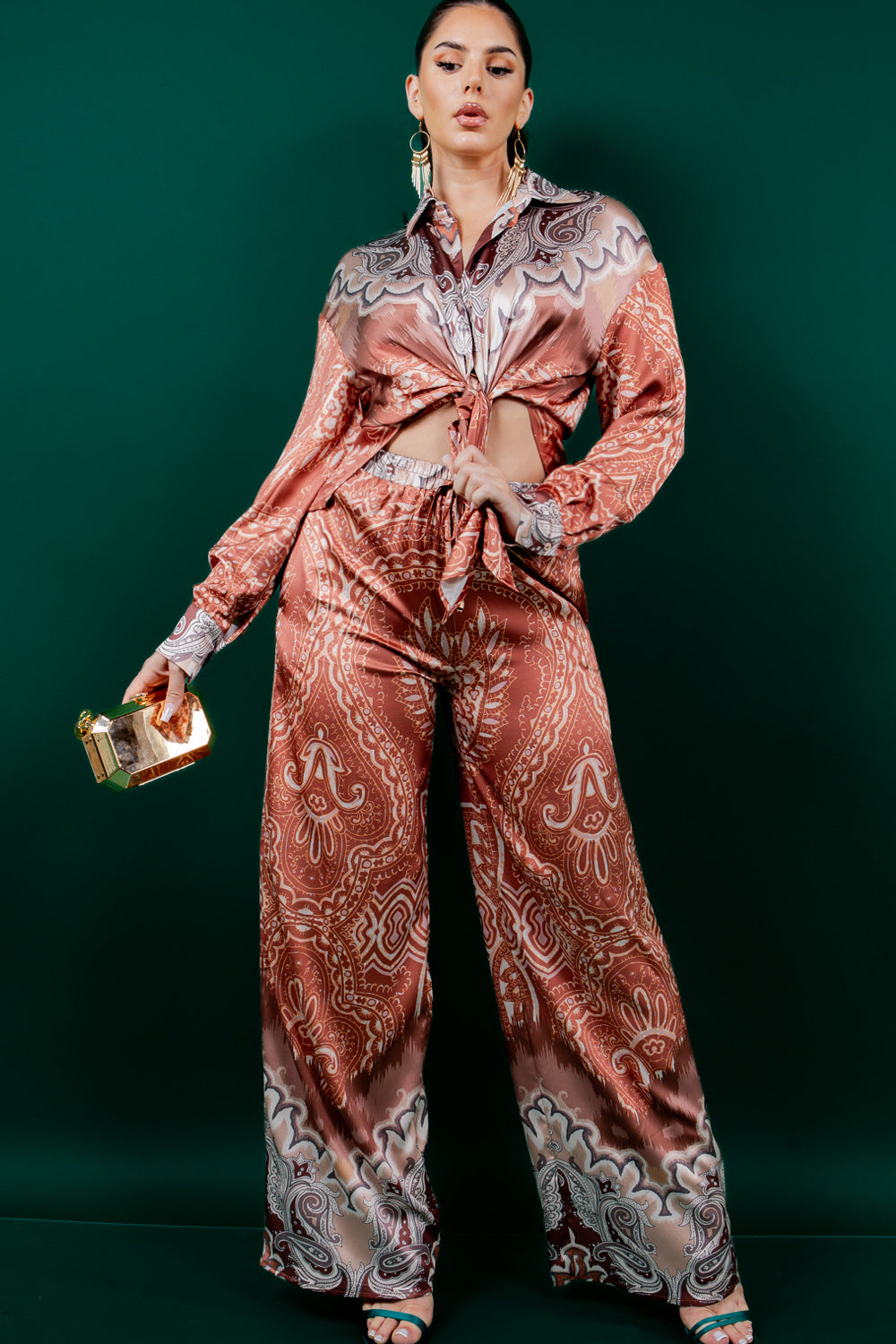 silky stain button down shirt and wide pants set