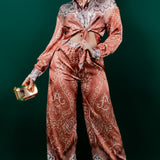 silky stain button down shirt and wide pants set