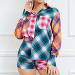 Long sleeve button down shirt and short pants set