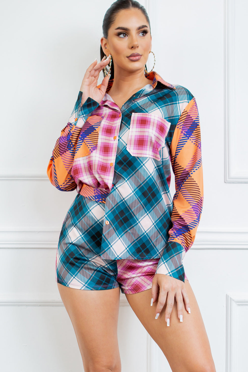 Long sleeve button down shirt and short pants set